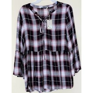 Doe‎ & Rae Plaid Layered Blouse Shirt SZ Small Burgundy Pink White Women’s Top